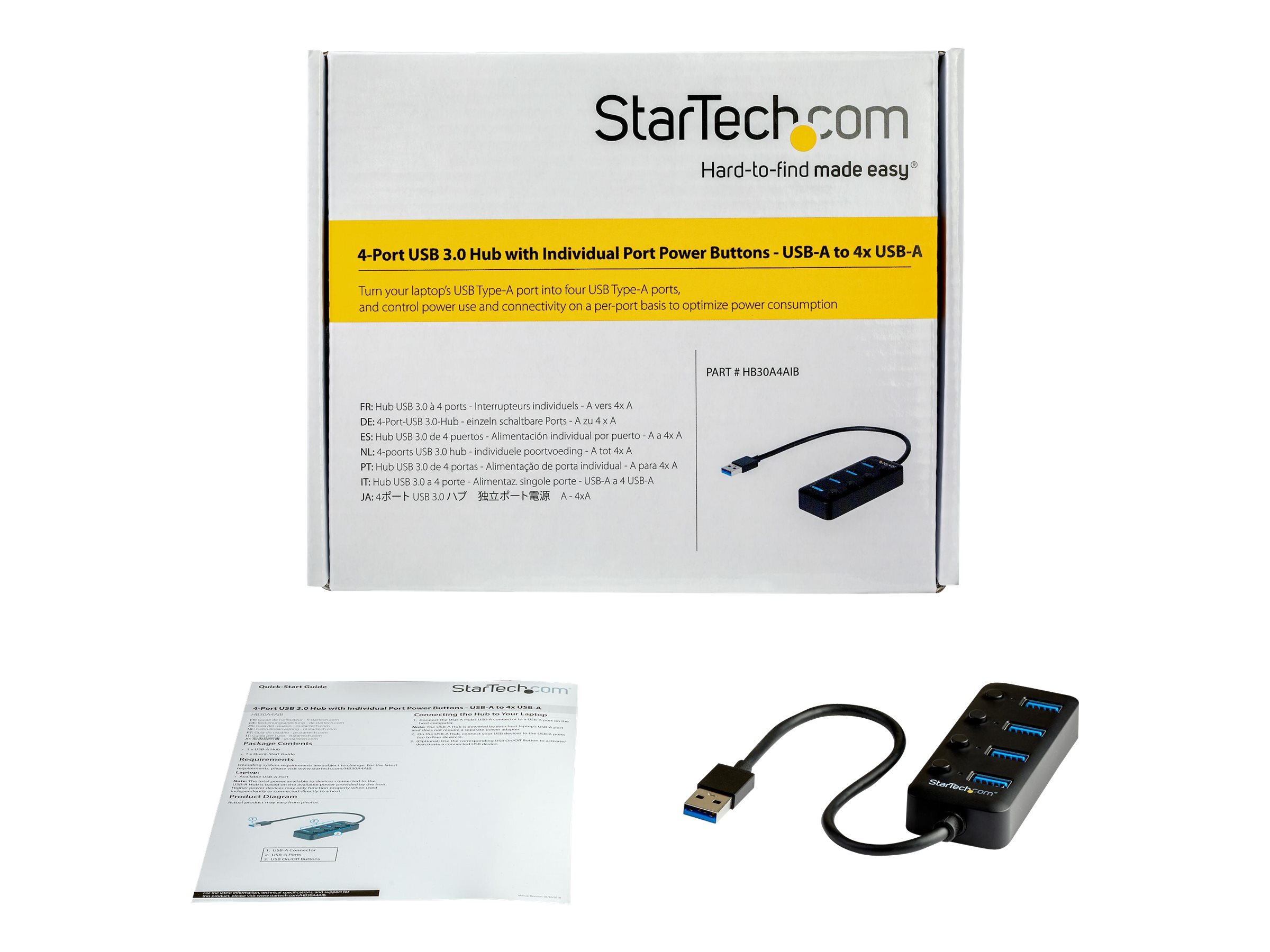 StarTech.com Hub USB 3.0 de 4 Puertos - Ladrón USB de 4 Puertos USB-A con Interruptores Individuales de Encendido/Apagado - Hub - 4 x USB 3.1 Gen 1 - sobremesa - para P/N: HB30C4AIB