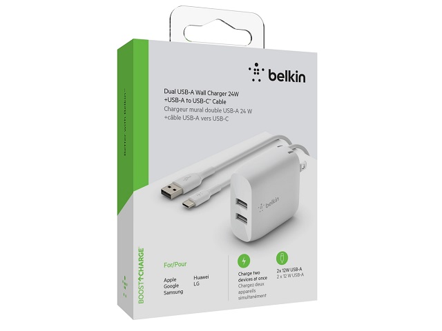 Belkin - Cargador de pared - 24 vatios - 4.8 A - 2 conectores de salida (2 x USB) - en el cable: USB-C