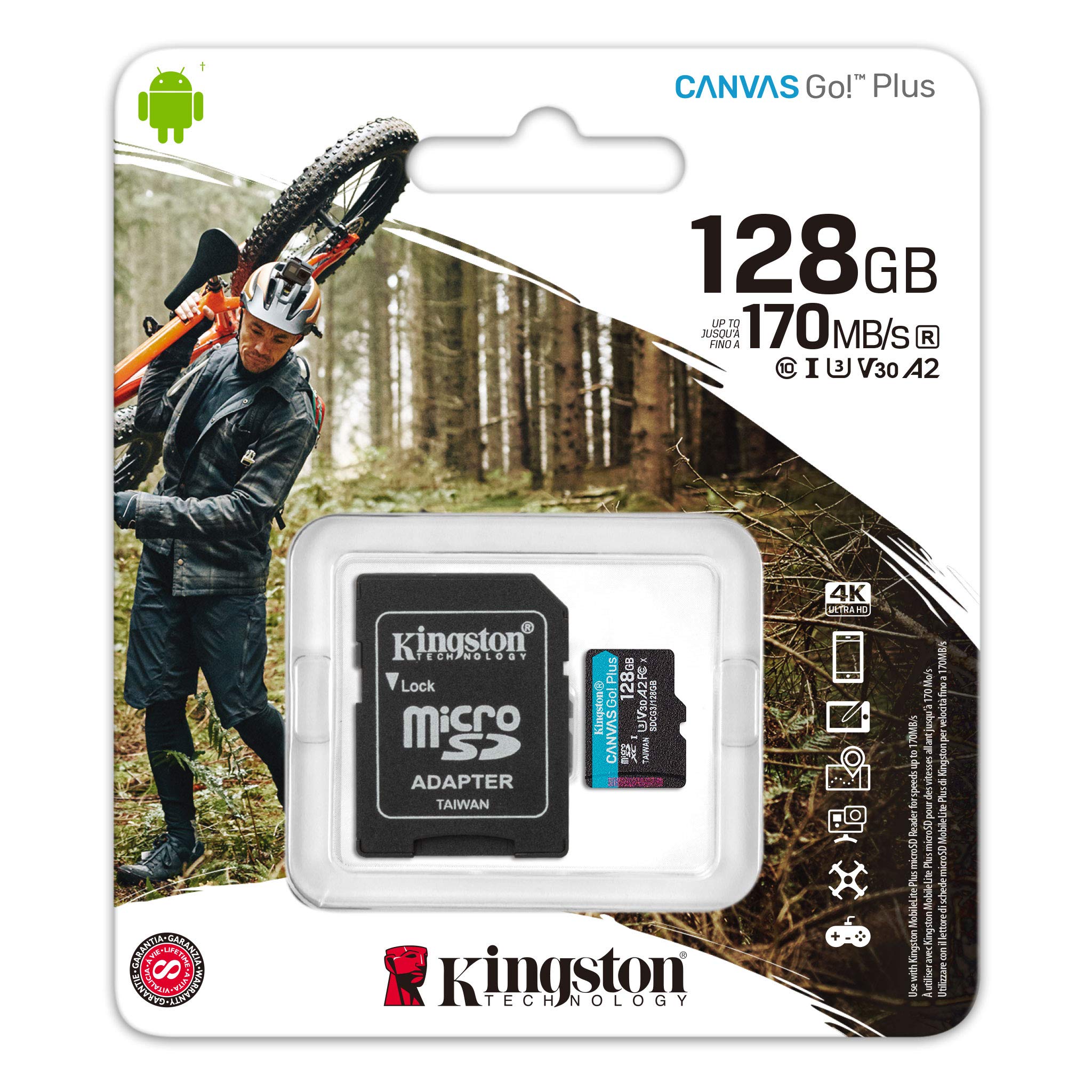 Kingston Canvas Go! Plus - Tarjeta de memoria flash (adaptador microSDXC a SD Incluido) - 128 GB - A2 / Video Class V30 / UHS-I U3 / Class10 - microSDXC UHS-I